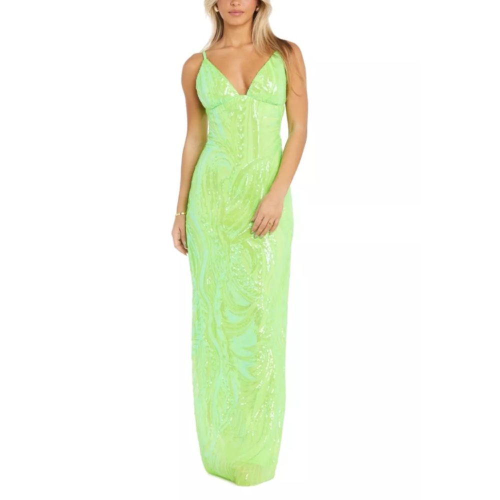 NWT Morgan & Co. Linnea Lime Sequin Spaghetti Strap Formal Dress, Sz 1